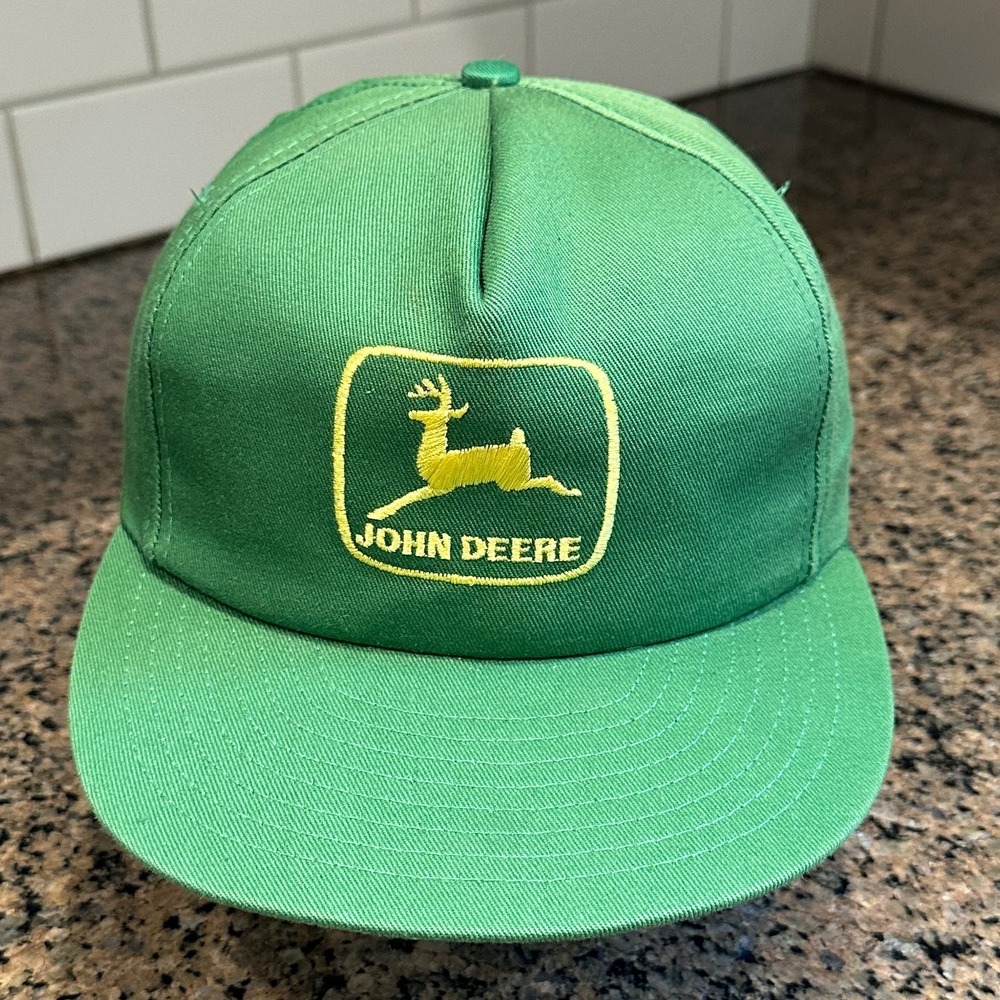 Vtg John Deere Hat Snapback Flat Bill Adjustable Green Yellow Made USA